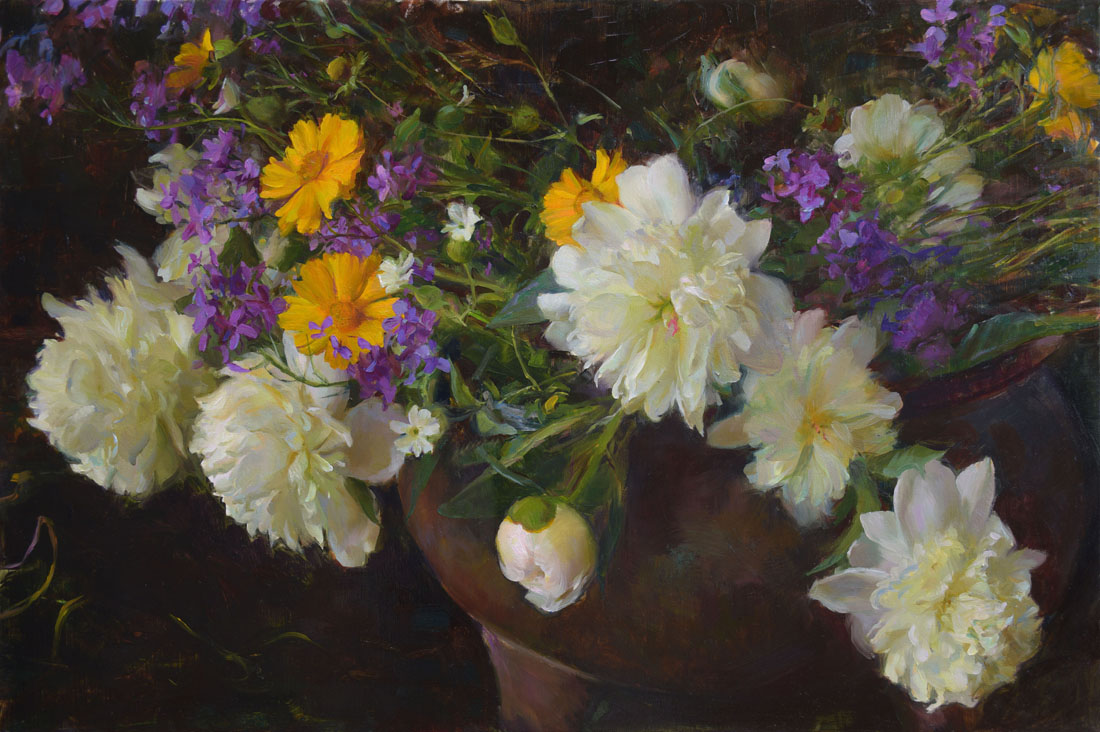 ''Peonies and Wildflowers,'' oil, 16x24'', price on request